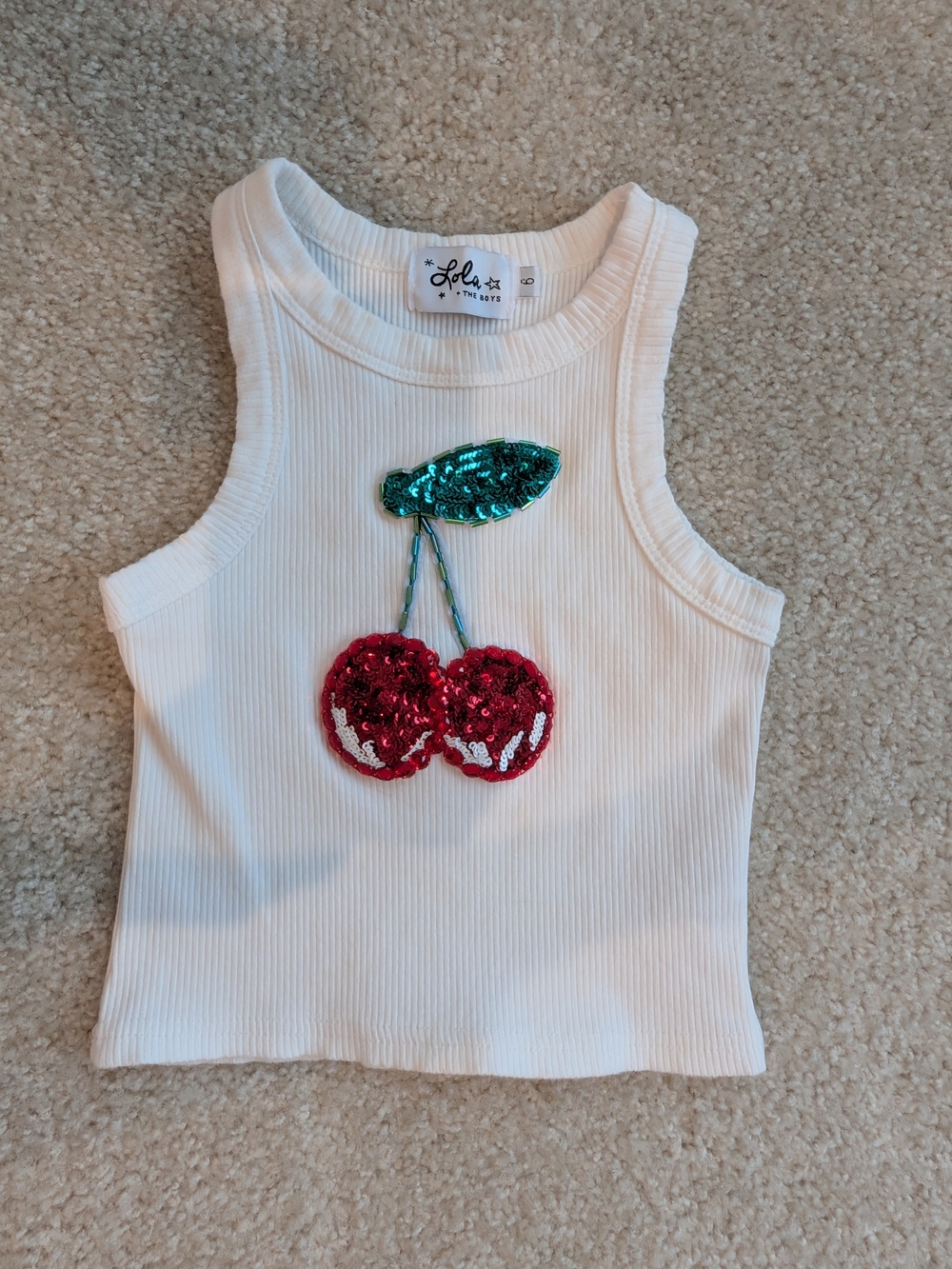 Lola + The Boys White Ribbed Tank with Red Sequin Cherries and Green Leaf
